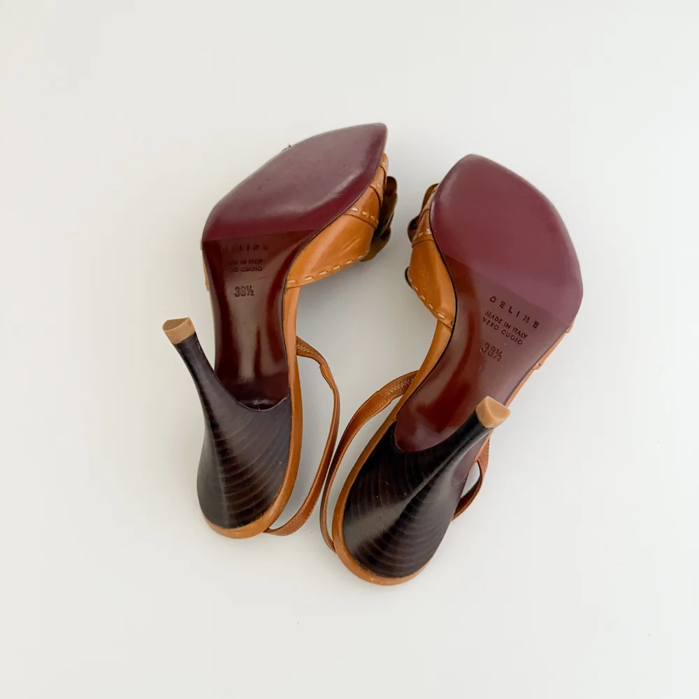 Celine Vintage Brown Flower Stitched Sandal Heels (US 8.5